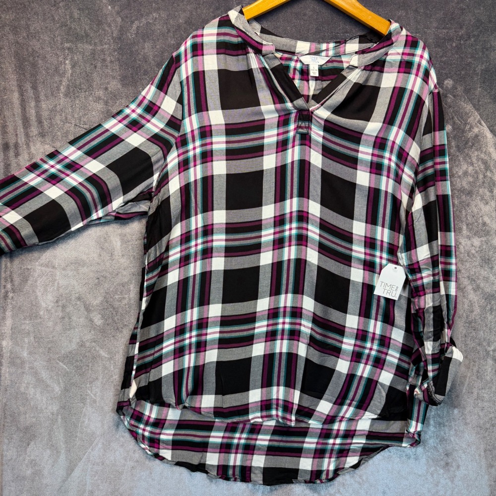 Time and Tru Plaid Tunic Women's Size L 12-14 Black Soot Lolita Casual Boho